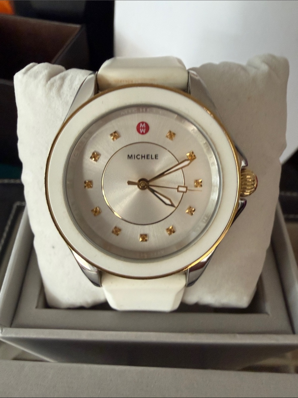 Michele White rubber Watch with Gold Accents and Crystal Markers - Picture 2 of 3